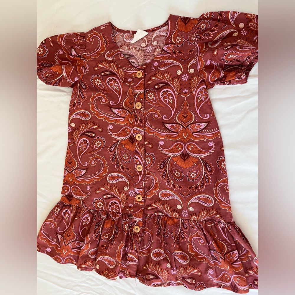 Cotton On Kids floral dress size 5 in Orange and Burgundy pattern.
